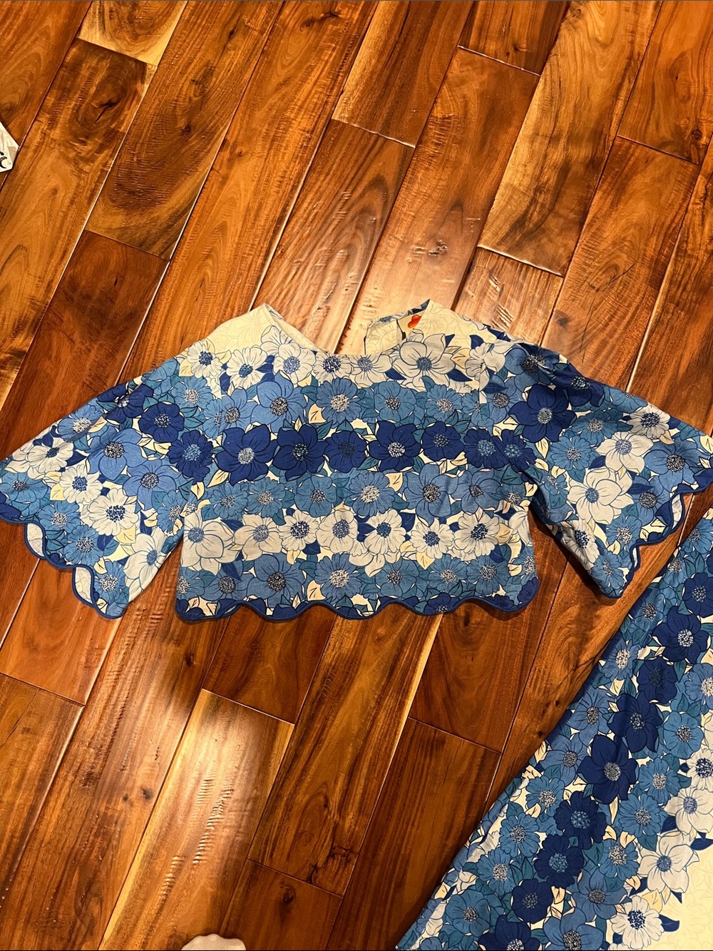 FARM Rio Blue Floral Scalloped Crop Top and skirt